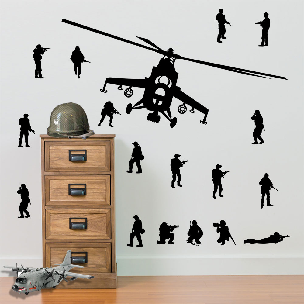 Army Soldiers Helicopters and 17 X Army Men Military Wall Stickers Kids